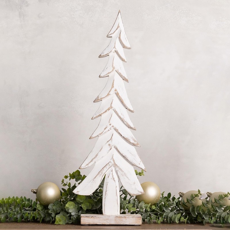 Mary Square 47339 White Wash Carved Tree 18.5 x 6