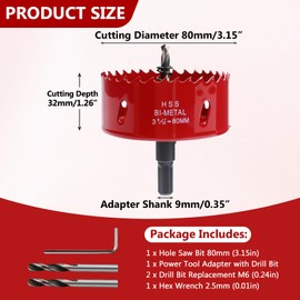 3.15 Inch / 80mm Hole Saw Red with Arbor and Pilot Drill Bit, Bi-Metal Hole Cutter for Fiberboard, Wood, Drywall, Plastic, Soft Metal Sheet, PVC Board and Cornhole Boards Drilling