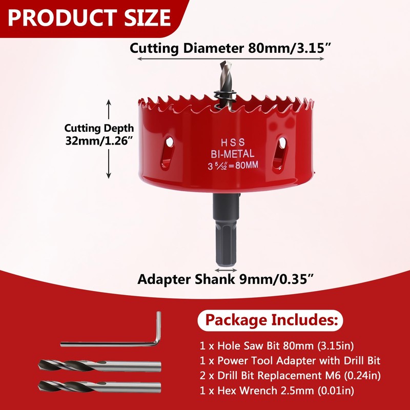 3.15 Inch / 80mm Hole Saw Red with Arbor and