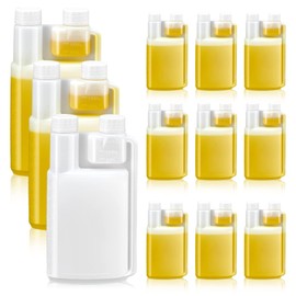 Lounsweer 12 Pcs Plastic Flask with Built in 1oz Shot Glass Graduated Chamber with Caps, Measuring Bottles One for Filling and One for Dispensing, to Store, Measure Dispense Liquids (17oz)
