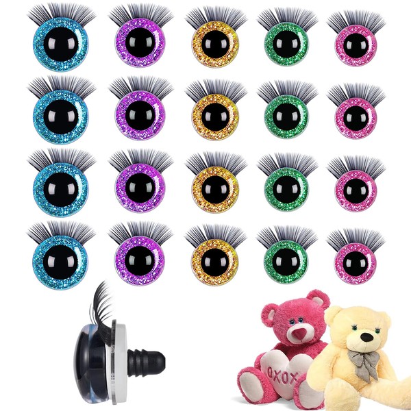 MHDUYEG Pack of 20 20-12 mm Safety Eyes with Eyelashes Glitter Safety Eyes for Crochet Animals Crochet Animals Plastic Dolls Eyes Safety Eyes for Crochet Animals for DIY Sewing Toy Plush Toy