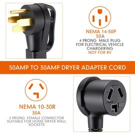Kanayu 50Amp to 30Amp Dryer Adapter Cord NEMA 14-50P Male to 10-30R Female, 4 Prong Male to 3 Prong Female Power Cord For RV Generator to Dryer with Handle, STW 10 AWG/3C, 1FT, ETL Listed