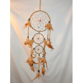 Beige Triple Dream Catcher Mandella Beads & Feathers 26"