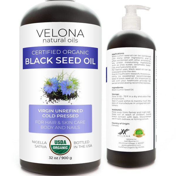 velona Black Cumin Seed Oil USDA Certified Organic - 32 oz | 100% Pure and Natural Carrier Oil | Unrefined, Cold Pressed