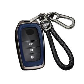 ontto Alloy Car Key fob Cover Fit for Toyota Land Cruiser 200 300 Prado Crown TLK 200 Yaris Cross Hilux Innova Fortuner Camry Leather Key case Shell Key Holder Keyring Keychain Accessories Black-Blue