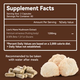 Lions Mane Supplement Capsules, Lion Mane Mushroom 1200mg, Brain & Immune Support, Non-GMO, Non-Gluten, Vegan-Friendly, Lion’s Mane Powder, 120 Count (Pack of 2)