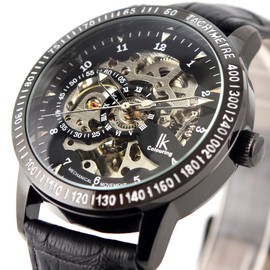 Alienwork IK Automatic Watch Men Women Black Leather Strap Skeleton Glass Bottom