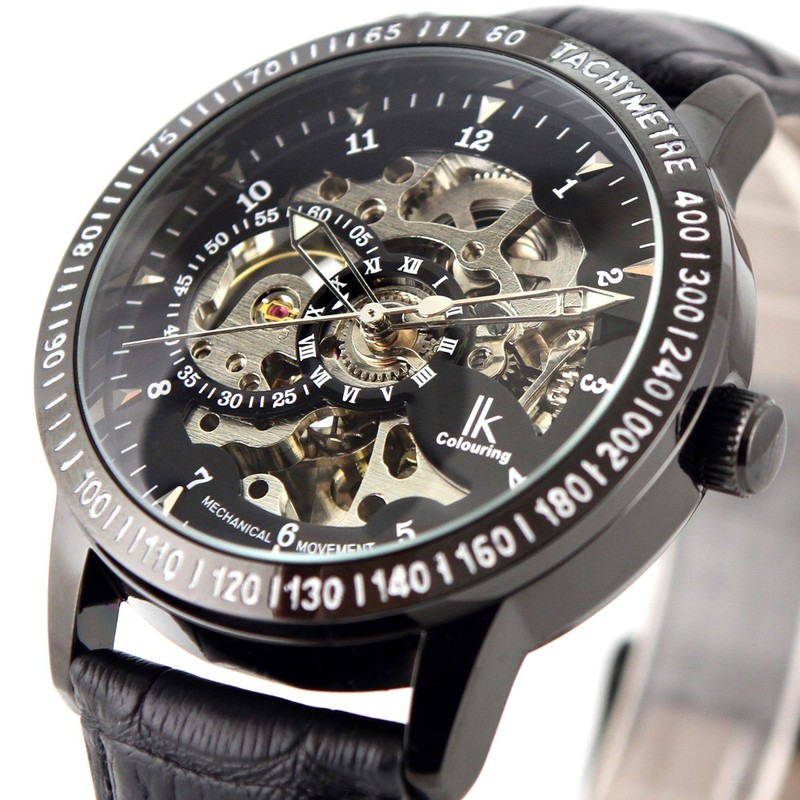 Alienwork IK Automatic Watch Men Women Black Leather Strap Skeleton