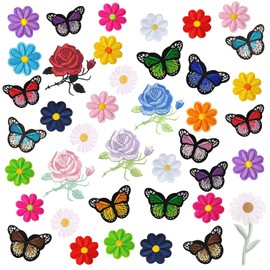 40 Pcs Flowers Butterfly Iron On Patches, Cute Sew On Embroidered Applique Patches, Colorful Floral Sew On Patches for Clothes Jackets Backpack Jeans Hats DIY Decoration