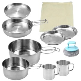 burkfeeg Camping Cooking Pot Set, 9-Piece Outdoor Camping Cookware Stainless Steel 2-3 People Foldable Outdoor Cooking Pot Camping Tableware Pot Plate for Picnic Camping Hiking