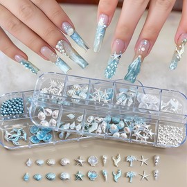 3D Nail Charms Summer Beach 2Boxe Aurora Bianco Blu Stella Marina Conchiglia Conchiglia Coda di Cocco Perle Strass Chiodi Charms Estate Mare Oceano Palma Shell Nail Art Charms Accessori