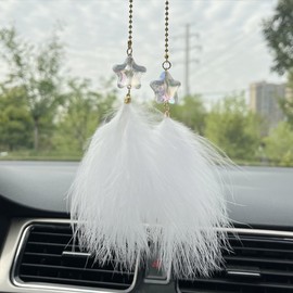 Cute Car Rearview Mirror Hanging Ornament - Fuzzy Feather & Resin Star Pendant Car Rear View Mirror Charm for Women Men, Lucky Aesthetic Auto Interior Mirrors Decoration Accessories (White)