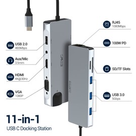 USB C HUB 11-in-1 Docking Station, USB C Multiport Adapter with RJ45 Ethernet, 4K HDMI, VGA, USB 3.0 Ports, 100W PD, SD/TF, 3.5mm AUX, USB C Dock for MacBook Pro/Air, More Type C Devices