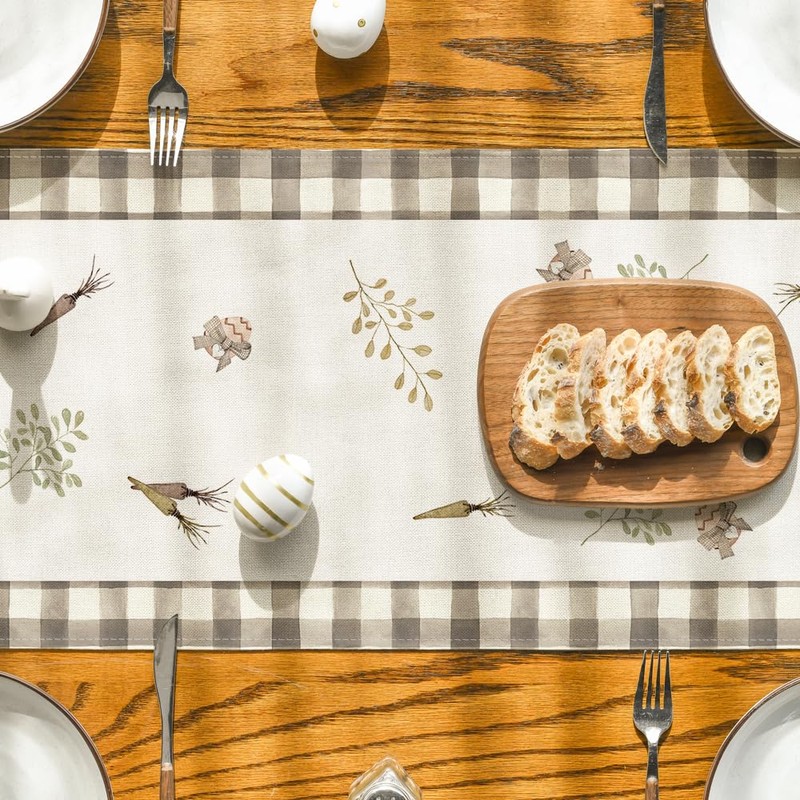 Artoid Mode Buffalo Plaid Carrots Rabbits Easter Table Runner, Seasonal