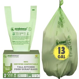 ECOBEWUS 100% Compostable 13 Gallon Bags (35 Bags) Tall Kitchen Food Scrap Disposable Compost Trash Bgas Certified Composte Bags US BPI & OK Compost Home Certified by Meeting ASTM D6400 (35 ct.)