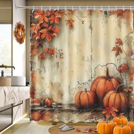 MEHOFOND Fall Pumpkin Shower Curtain for Bathroom Thanksgiving Harvest Maple Leaf Vintage Shower Curtain Autumn Pumpkin Rustic Bathroom Decor Curtain Waterproof Fabric 72x72 Inch