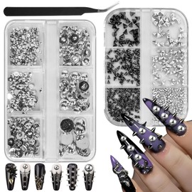 2 Boxes 3D Metal Punk Nail Charms Mixed Sizes Cone Spikes Rivet Punk Jewelry Manicure Charms Steel Balls with Tweezers Accessories DIY Crafts Decorations