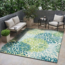 DECOMALL Outdoor Rugs for Patio Deck Porch Balcony Backyard, Green Blue Flower, 5'x7'