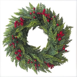 24'' Artificial Christmas Wreathfor Front Door, Mixed Berries Red Decorations Norfolk Pine Cedar Branches Winter Door Wreaths for All Seasons, Artificial Wreaths for Home Farmhouse Mantle Decor