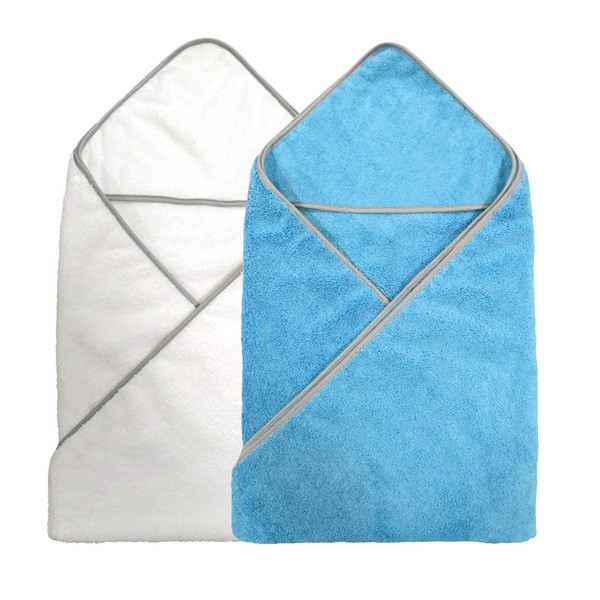Polyte - Premium Baby Bath Towel - Hood - Hypoallergenic Microfiber - Blue & White - 36" x 36" - Pack of 2