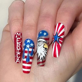 4th of July Press on Nails Long Acrylic Nails Square Fake Nails American Independence Day Celebration False Nails with Eagle Star Designs Glue on Nails Red Stick on Artificial Nails for Women and Girls 24PCS