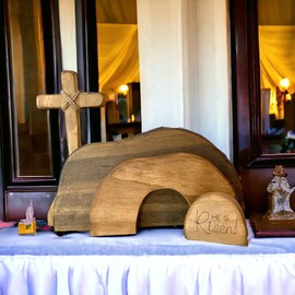 2024 New Empty Tomb Easter Decor Easter Resurrection Scene and Cross Decoration Set, He is Risen and He is not here Wooden Jesus Sign Tomb Easter Tray Easter Tray Decor for Home Tabletop Office (B)