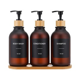 Shampoo and Conditioner Dispenser, Shower Soap Dispenser with Bamboo Pumps/Tray, Refillable Shampoo and Conditioner Bottles, Shower Shampoo Dispenser 3 Chamber, 16oz(Amber)