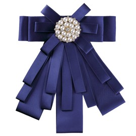 Allegra K Women's Pre-tied Bowknot Beads Bow Tie Elegant Large Ribbon Brooch One Size Blue
