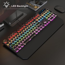 Typewriter Mechanical Gaming Keyboard and Mouse Combo, Retro Punk Round Keycaps RGB Rainbow Backlit Wired Keyboard for Game and Office, for Windows Laptop PC, Red Switches(Black)