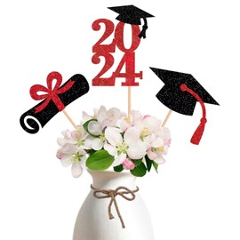 ALISSAR 15Pcs Double Sided Glitter 2024 Graduation Party Centerpiece Sticks Red-Graduation Table Decorations for Class of 2024(Red) (2024 double sided card stock, red)