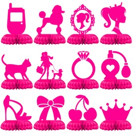 12 Pack Pink Girl Table Centerpieces – Fashion Silhouette Honeycomb Decorations with Crown, High Heel, Ring, Perfume – Glam Birthday Party Supplies for Girls