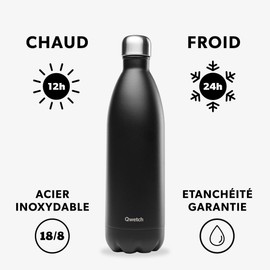 QWETCH - Originals Isothermal Bottle - Matt Black 1L - Nomadic Stainless Steel Bottle - 24h Cold and 12h Warm - Waterproof, BPA Free & Reusable