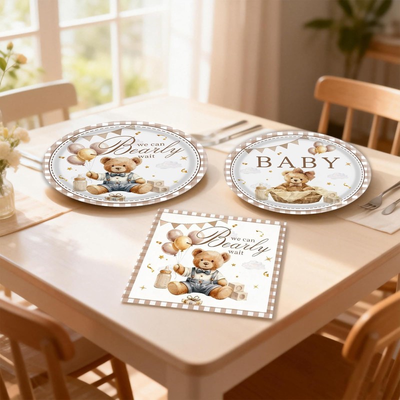 80PCS Bear Baby Shower Decorations Brown Bear Plates Napkins cups