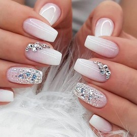 Gradient Pink Press On Nails Medium Square Fake Nails Glitter Rhinstone Acrylic Nails Full Cover Artificial Nails French Glossy False Nails Glue on Nails for Women Summer Nature Stick on Nails Set