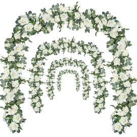 Bacucine Flower Garland Rose Vine 4Pcs 28FT Artificial Floral Garland with Green Leaves Hanging Rose Vine for Wedding Party Garden Home Wall Decor (White)