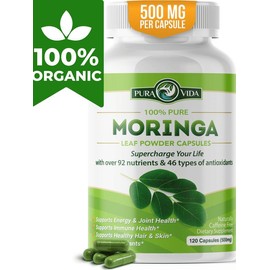 Moringa Powder Capsules Organic - Pura Vida  Moringa Leaf. Energy, Metabolism, & Immune Support. 120ct. 500mg Caps. Supplement Healthcare