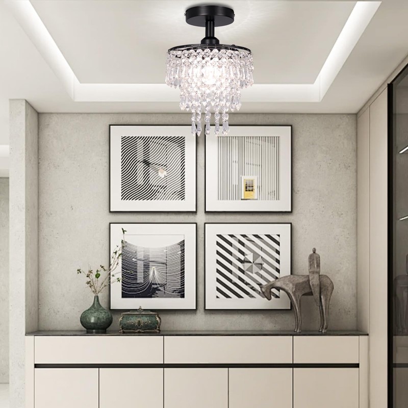 FRIXCHUR Small Crystal Chandelier Flush Mount Ceiling Light 3 Tiers
