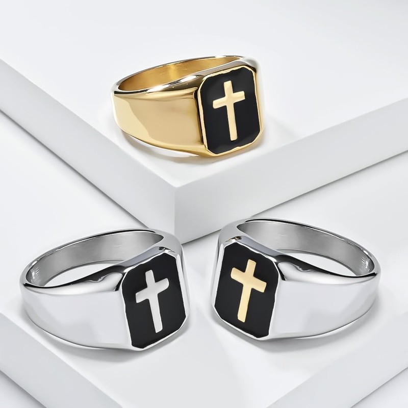 PAMTIER Men's Vintage 15mm Cross Crucifix Biker Ring Gold Size