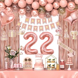 22nd Birthday Decorations for Women Girls, Happy 22 Birthday Decorations for Her, Rose Gold Birthday Party Supplies with Banner, Number Balloons, Fringe Curtains, Hanging Swirls, Foil Balloons