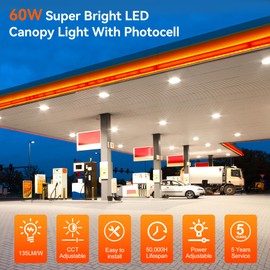 BBESTLED LED Canopy Light with Photocell, 36W 48W 60W Adjustable, UL Listed AC100-277V 8100LM 5700K/5000K/4500K Outdoor Canopy Lights, IP65 Waterproof Commercial Canopy Light for Gas Station