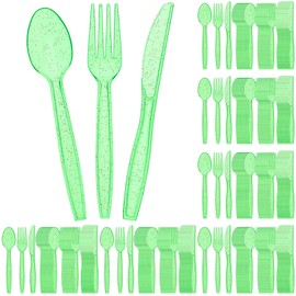 Lasnten 180 Pieces Glitter Plastic Silverware Set Disposable Clear Plastic Cutlery Flatware for Party 60 Knives 60 Spoons 60 Fork for Party Birthday Dinnerware Supplies(Green)