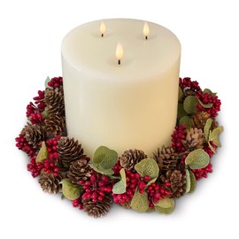 Large Holiday Candle Rings Wreaths Candle Ring, Fits 6 in Pillar Candles, Small Wreath with Red Berry, 11 Inch Farmhouse Wreath with 6 Inch Center, Christmas Wreaths Indoor 3 Wick Candle Decor