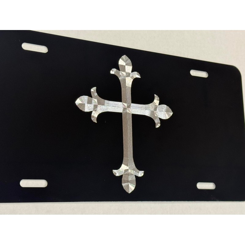 Silver Engraved 3D Christian Cross Car Tag Diamond Etched Vanity