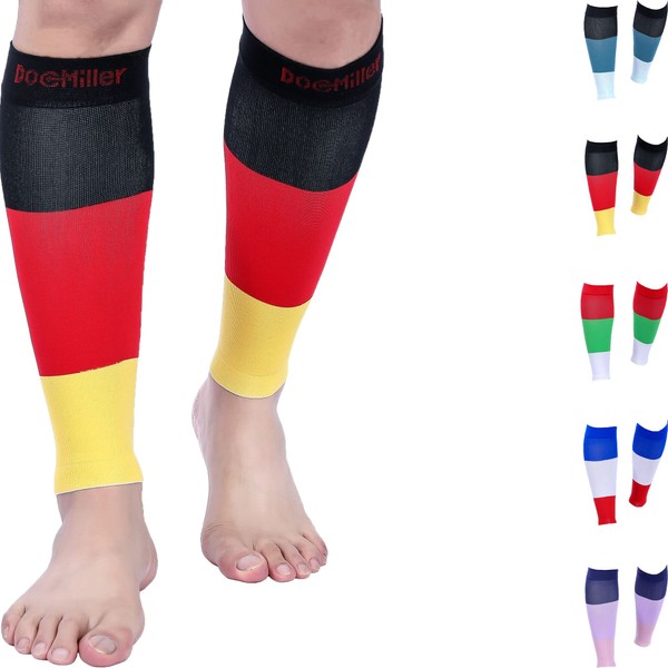 Doc Miller Calf Compression leg Sleeve For Men & Women | Best for Shin Splint Support and Running | 15-20mmHg (Large,1 Pair, BlackRedYellow)