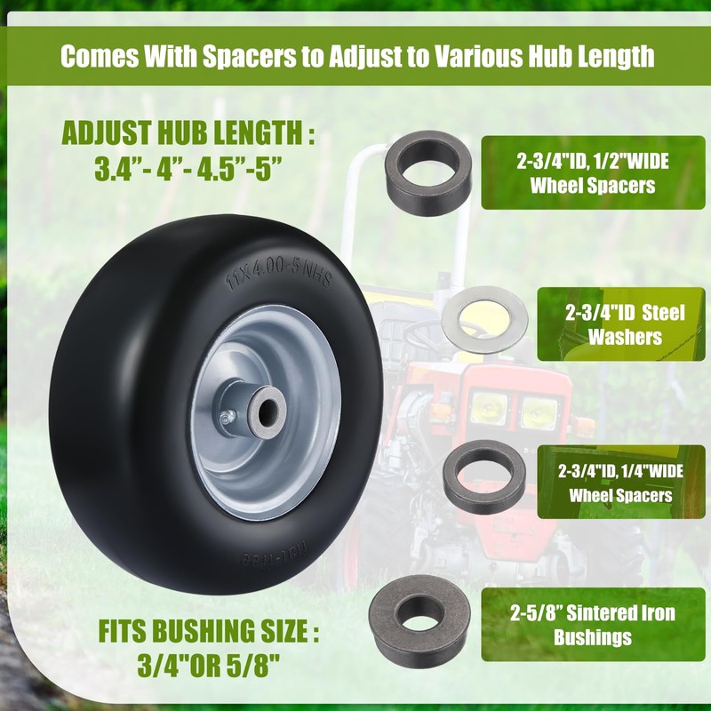 2 Pcs 11x4.00-5 Flat Free Solid Smooth Tread Tire on
