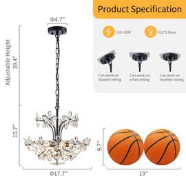 WUZUPS Crystal Chandelier Pendant Flushmount Ceiling Light Modern Lighting Fixture for Bedroom Hallway Bar Kitchen Bathroom, H 15.7" x W 17.7", Black, E12 Base