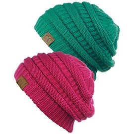 C.C Trendy Warm Chunky Soft Stretch Cable Knit Beanie Skully, 2 Pack Sea Green/Hot Pink
