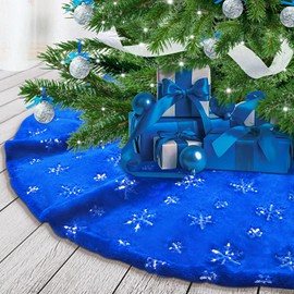 Deggodech 90 cm Christmas Tree Skirts Blue Plush Christmas Tree Skirt Mat with Silver Snowflake Christmas Tree Skirt Fur Christmas Tree Stand Decorations Carpet (Blue, 90 cm/35 Inches)