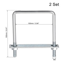 sourcing map Square U-Bolts 3-1/2"(100mm) Inner Width 150mm Length Carbon Steel M8 with Nuts, Frame Plate, Round Washers 2 Set