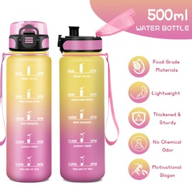 Grsta Water Bottle 0.5 Litres, Children's Drinking Bottle with Time Marking, Leak-Proof, Can Be Carried, Girls' Drinking Bottle for School, Travel, Camping, Office, Yellow/Pink